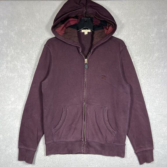 Burberry Brit Claredon Full Zip Hoodie Men’s Medium Plaid Check Logo Burgundy - Picture 1 of 16